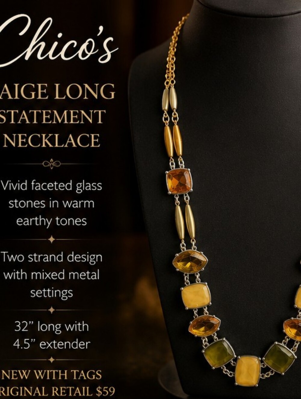 Chicos Paige Long Glass Statement Necklace NWT 32 Inch